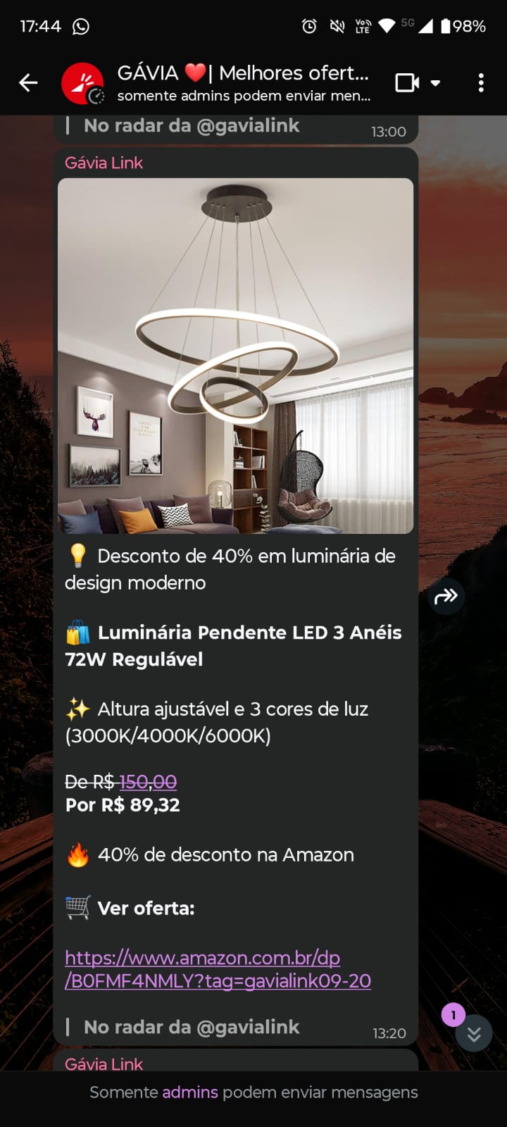 Exemplo de oferta para casa enviada no grupo da Gávia Link