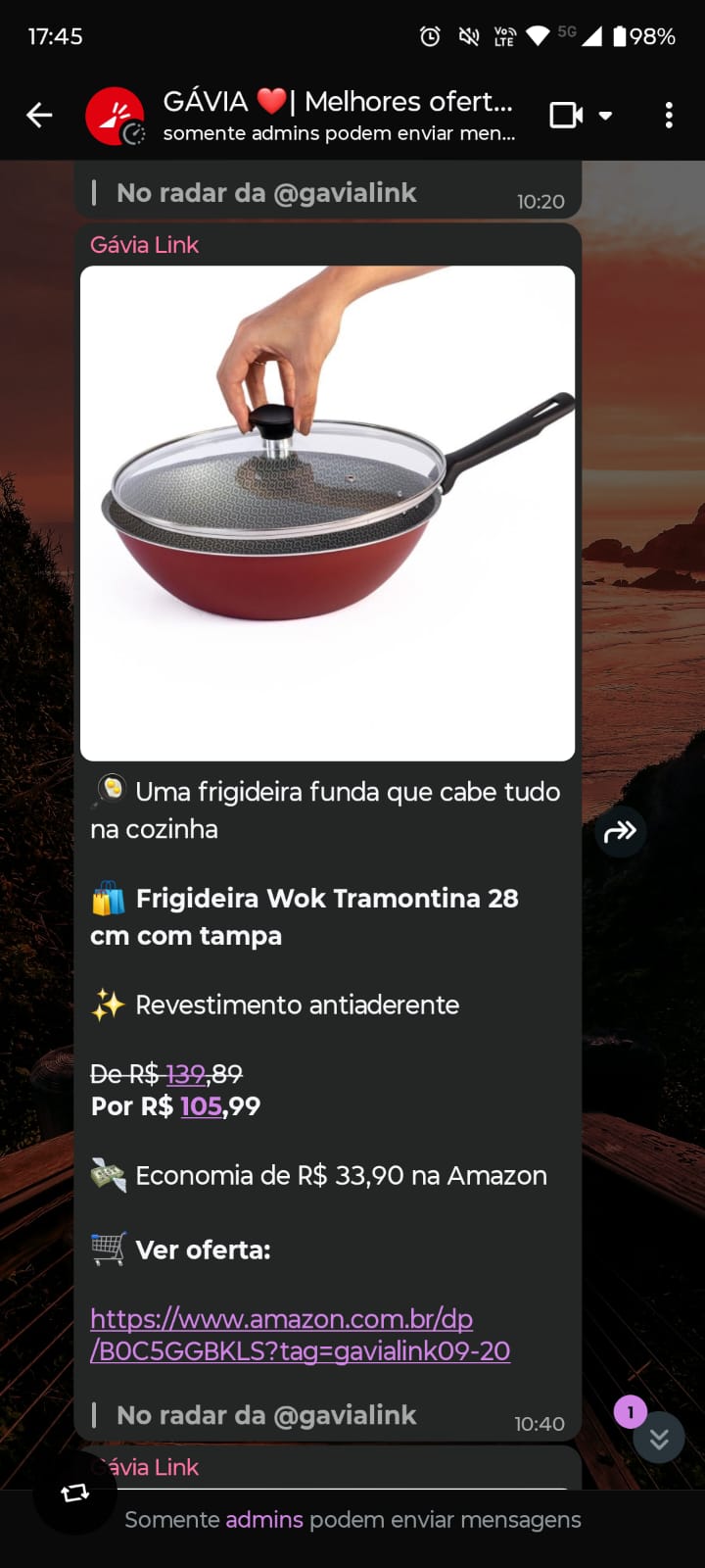 Exemplo de oferta de cozinha enviada no grupo da Gávia Link